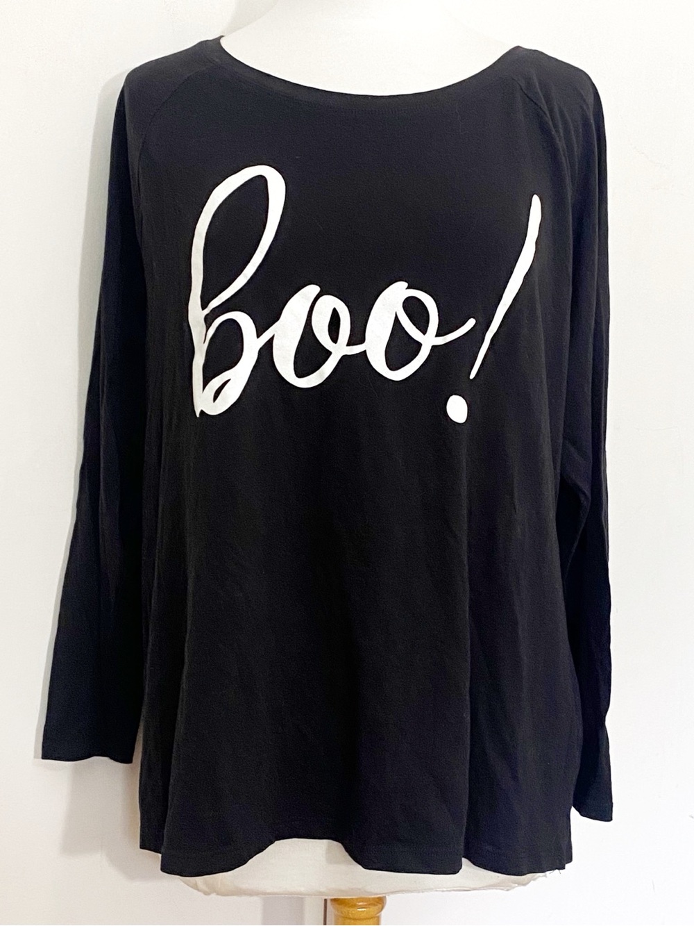 Women’s Black “Boo!” Sparkly Lettering Long Sleeve Cotton Graphic Top 1X